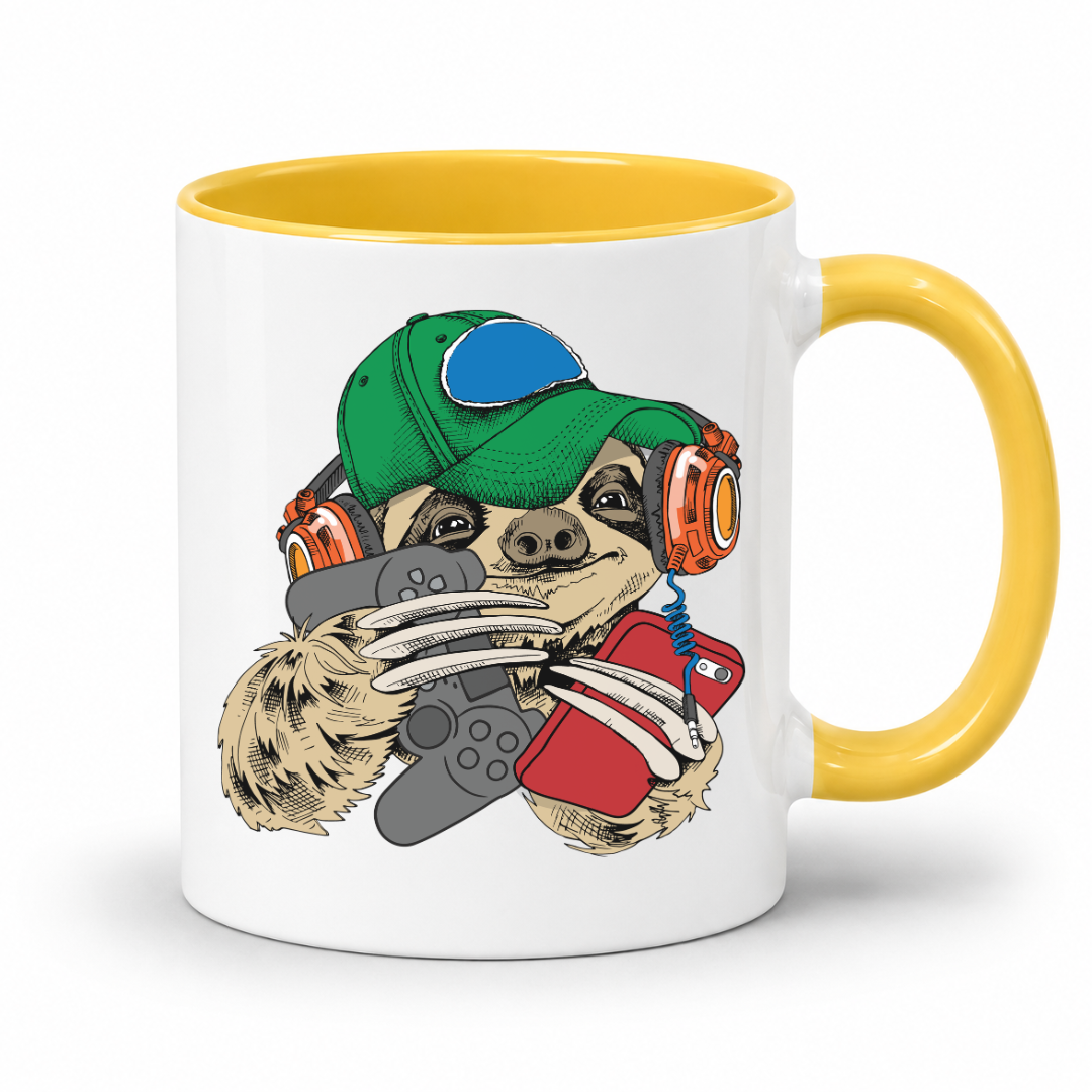 A white ceramic mug with a yellow interior and handle, featuring a cartoon sloth wearing a green cap, orange headphones, and holding a grey game controller and a red phone. Purchase your mug from Coffee and Moo NZ.