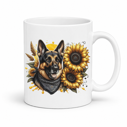 A white ceramic mug featuring a printed graphic of a German Shepherd dog wearing a bandana, surrounded by yellow sunflowers. Grab your mug from Coffee and Moo NZ.