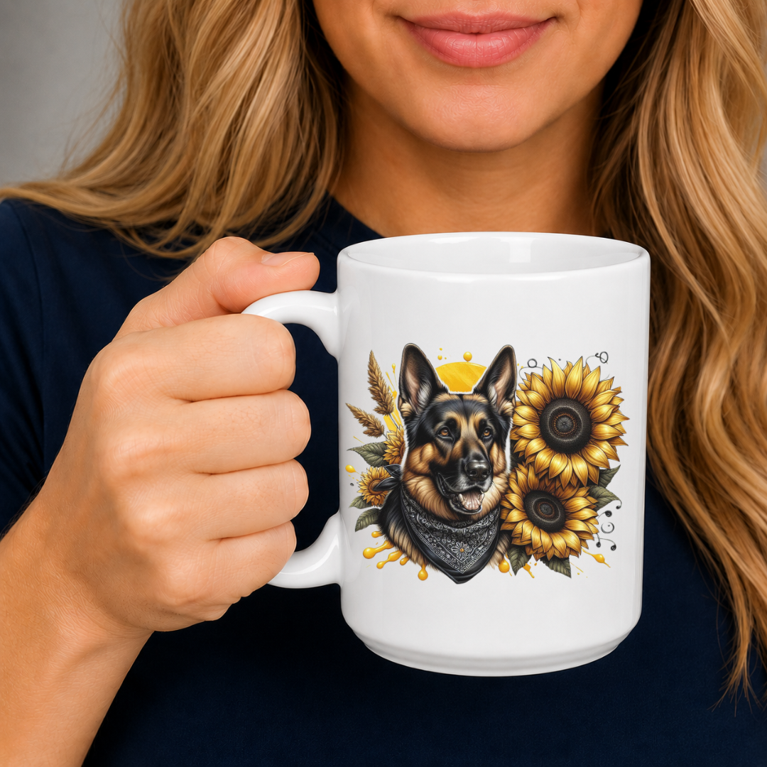 A woman holding a white ceramic mug with a detailed graphic of a German Shepherd wearing a bandana, surrounded by sunflowers and wheat. The woman is wearing a navy blue shirt, and the background is a soft, neutral grey. Grab your mug from Coffee and Moo NZ.