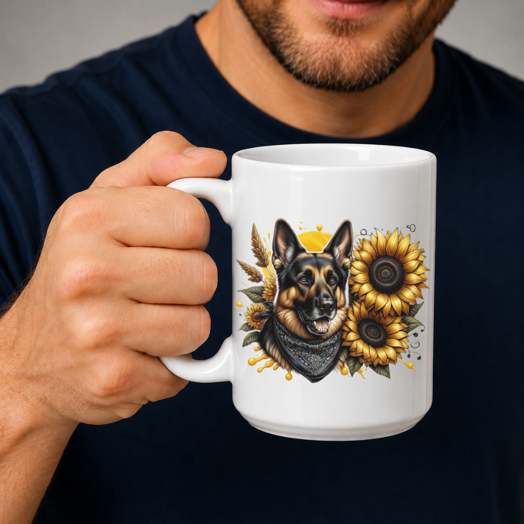A man in a navy blue shirt holds a white ceramic mug featuring a graphic illustration of a German Shepherd dog wearing a bandana, surrounded by yellow sunflowers and wheat. Grab your mug from Coffee and Moo NZ.