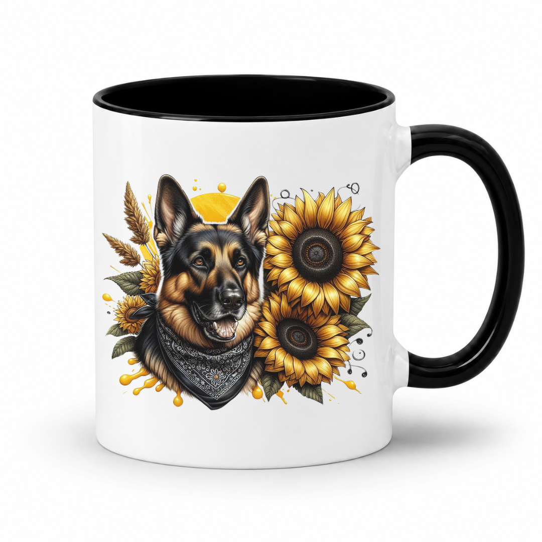 A white ceramic mug with a black interior and black handle, featuring a graphic print of a German Shepherd dog wearing a bandana, surrounded by yellow sunflowers and wheat. Grab your mug from Coffee and Moo NZ.
