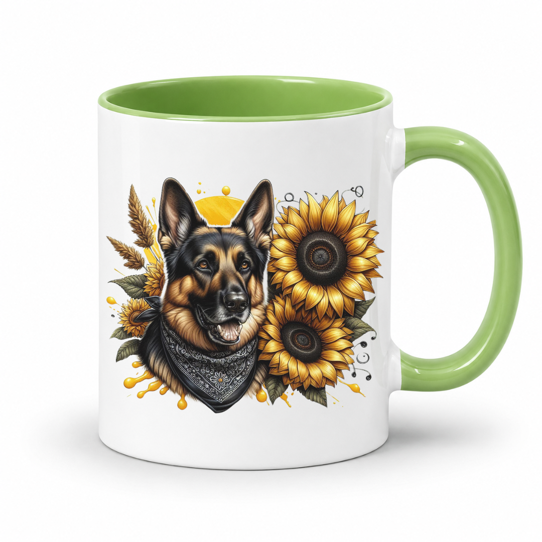 A white ceramic mug with a light green interior and handle, featuring a printed graphic of a German Shepherd dog wearing a bandana, surrounded by yellow sunflowers and wheat. Grab your mug from Coffee and Moo NZ.