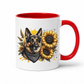 A white ceramic mug with a red interior and red handle, featuring a printed graphic of a German Shepherd dog wearing a bandana, surrounded by yellow sunflowers and wheat on a white background. Grab your mug from Coffee and Moo NZ.