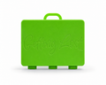 A green rectangular carrying case with a top handle, featuring the words 'Getting Lost' embossed on the front, set against a plain white background. For the Getting lost card game. Purchase from Coffee and Moo