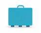 A turquoise rectangular carrying case with a top handle, featuring the words 'Getting Lost' embossed on the front, set against a plain white background. For the Getting lost card game. Purchase from Coffee and Moo