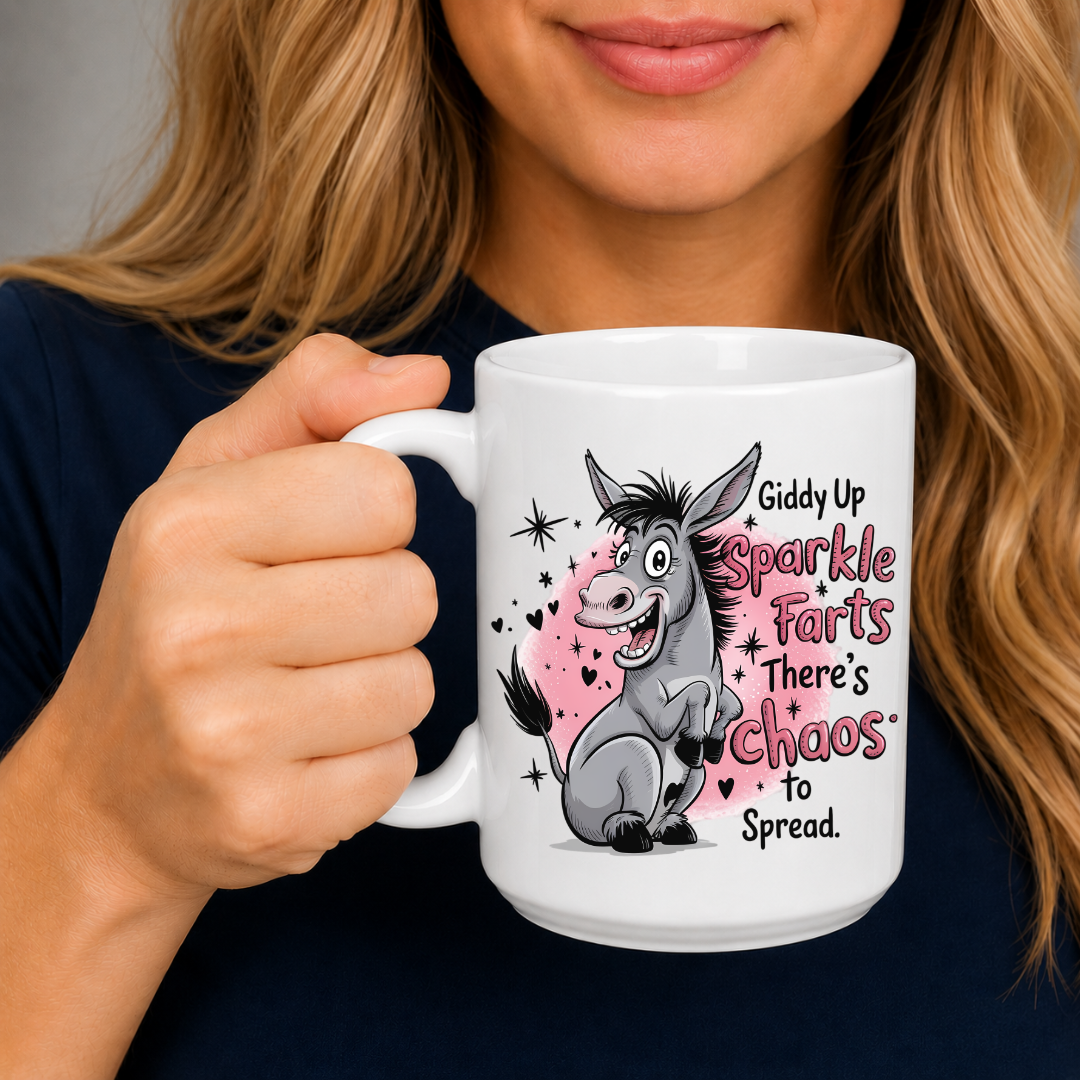 A woman holding a white ceramic mug with a cartoon donkey and the text 'Giddy Up Sparkle Farts There's Chaos To Spread' against a dark navy shirt and gray background. from Coffee and Moo.