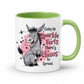 A white ceramic mug with a light green interior and handle, featuring a cartoon donkey graphic and the text 'Giddy Up Sparkle Farts There's Chaos to Spread.' on a white background. from Coffee and Moo.