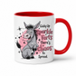 A white ceramic mug with a red interior and red handle, featuring a cartoon donkey and the text 'Giddy Up Sparkle Farts There's chaos to Spread.' on a white background. from Coffee and Moo.