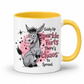 A white ceramic mug with a yellow interior and yellow handle, featuring a cartoon donkey graphic and the text 'Giddy Up Sparkle Farts There's Chaos to Spread.' on a white background. from Coffee and Moo.