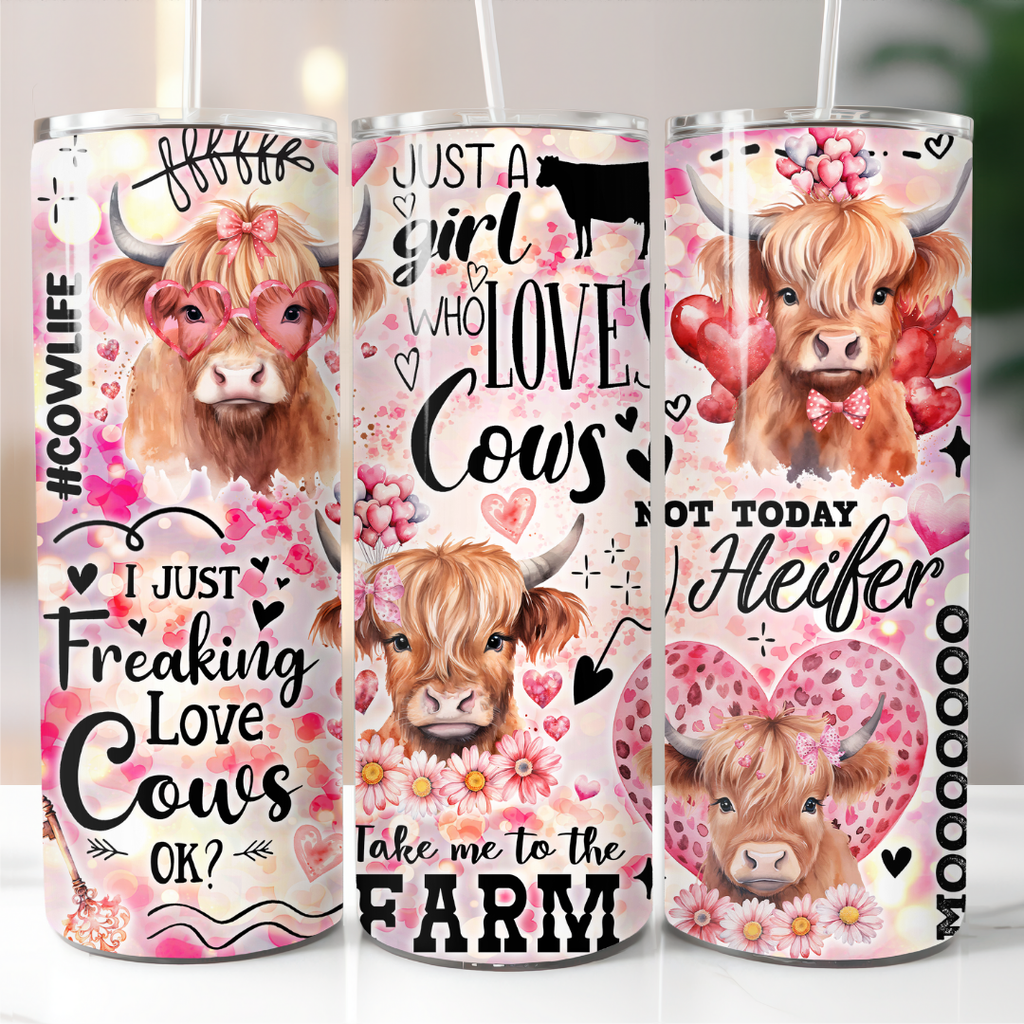 Just a Girl Who Loves Cows Highland cow tumbler shown in three views, featuring fluffy cows, pink hearts, flowers and funny cow-themed sayings, from Coffee & Moo.
