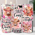 Just a Girl Who Loves Cows Highland cow tumbler shown in three views, featuring fluffy cows, pink hearts, flowers and funny cow-themed sayings, from Coffee & Moo.