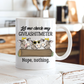 A white ceramic coffee mug with a humorous graphic and text, displayed on a rustic white wooden table with a blurred kitchen background. Grab your cheeky mug from Coffee and Moo NZ.