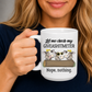 A woman holding a white ceramic mug with a humorous graphic that reads 'Let me check my GIVEASHITMETER Nope, nothing.' featuring three cartoon cows behind a log. Grab your cheeky mug from Coffee and Moo NZ.