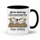 A white ceramic mug with a black handle and black interior, featuring a humorous graphic of three cartoon cows behind a log with the text 'Let me check my GIVEASHITMETER Nope, nothing.'. Grab your cheeky mug from Coffee and Moo NZ.
