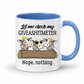 A white ceramic mug with a blue handle and interior, featuring a humorous graphic of three cows behind a log with the text 'Let me check my GIVEASHITMETER Nope, nothing.'. Grab your cheeky mug from Coffee and Moo NZ.