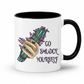 A white ceramic mug with a black handle and black interior, featuring a graphic of a hand holding a smudge bundle with purple nails, next to the text 'GO SMUDGE YOURSELF'. Purchase from Coffee and Moo NZ.