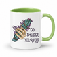 A white ceramic mug with a light green handle and interior, featuring a graphic of a hand holding a bundle of purple smudge sticks next to the text 'GO SMUDGE YOURSELF' in dark lettering. Purchase from Coffee and Moo NZ.