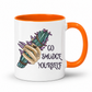 A white ceramic mug with a bright orange handle and interior, featuring a graphic of a tattooed hand holding a green and purple smudge stick bundle next to the text 'GO SMUDGE YOURSELF' in dark lettering. Purchase from Coffee and Moo NZ.