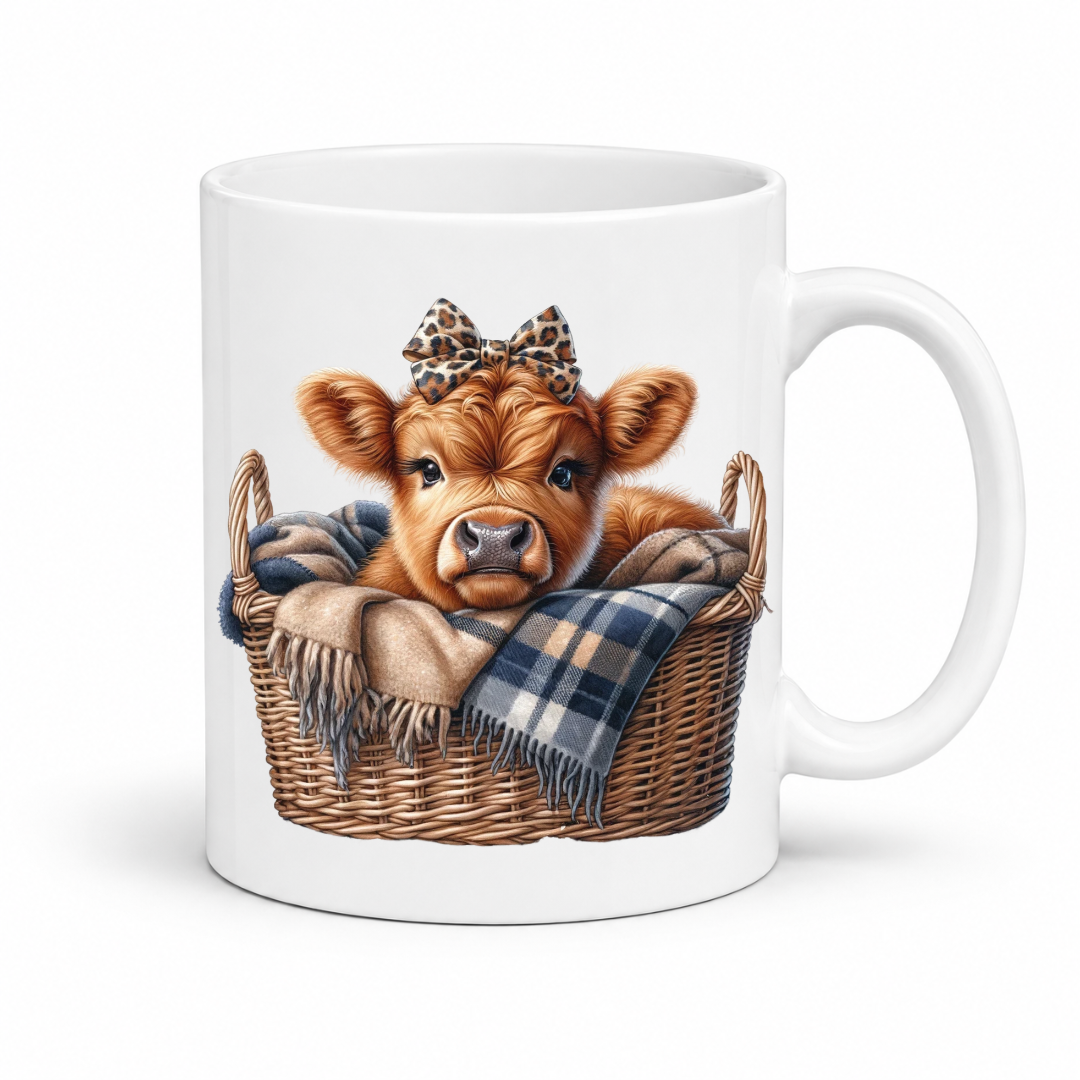 A white ceramic mug featuring a printed illustration of a brown cow calf sitting in a wicker basket with a plaid blanket and a leopard-print bow. from Coffee and Moo.