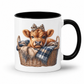 A white ceramic mug with a black interior and handle, featuring a printed illustration of a cute brown calf sitting in a wicker basket with a plaid blanket and leopard-print bow. from Coffee and Moo.