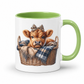 A white ceramic mug with a green interior and handle, featuring a printed illustration of a cute brown calf sitting in a wicker basket with a plaid blanket and leopard-print bow. from Coffee and Moo NZ.