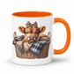 A white ceramic mug with a bright orange handle and interior, featuring a printed illustration of a brown calf sitting in a wicker basket with a plaid blanket and leopard-print bow. from Coffee and Moo NZ.