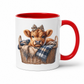 A white ceramic mug with a red interior and red handle, featuring a printed illustration of a brown calf sitting in a wicker basket with a plaid blanket and leopard-print bow. from Coffee and Moo NZ.
