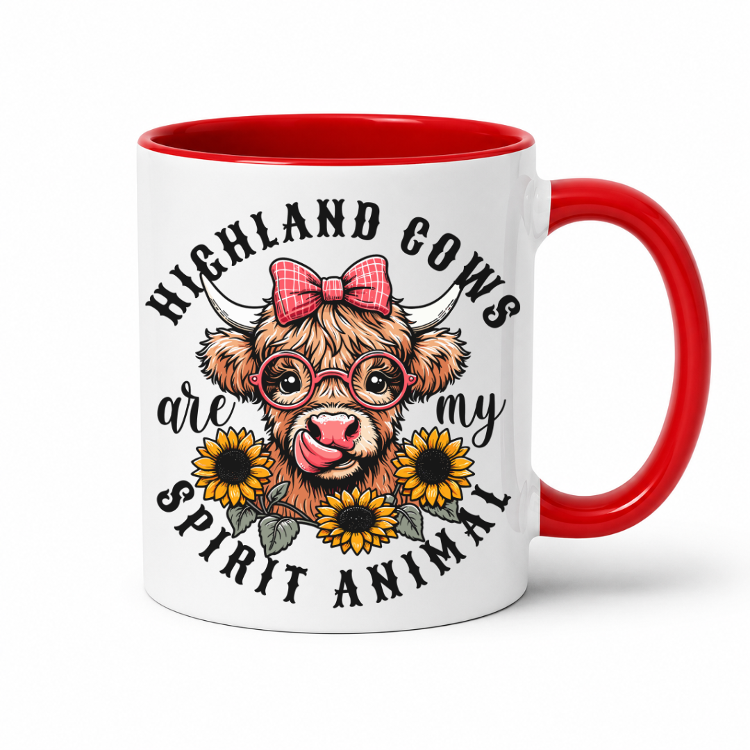 A white ceramic mug with a red interior and red handle, featuring a printed illustration of a Highland cow with a pink bow, glasses, and sunflowers, surrounded by the text 'HIGHLAND COWS are my SPIRIT ANIMAL'. from Coffee and Moo NZ.