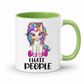 A white ceramic mug with a light green handle and interior, featuring a cartoon illustration of a pink unicorn with rainbow hair and the text 'I HATE PEOPLE' in black below it. From Coffee and Moo NZ.