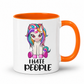 A white ceramic mug with a bright orange handle and interior, featuring a colorful cartoon unicorn graphic and the text 'I HATE PEOPLE' printed on the front. From Coffee and Moo NZ.