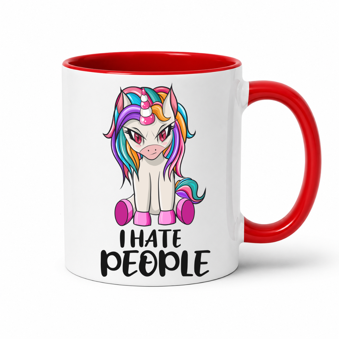 A white ceramic mug with a red interior and red handle, featuring a cartoon illustration of a white pony with rainbow hair and the text 'I HATE PEOPLE' in black. From Coffee and Moo NZ.