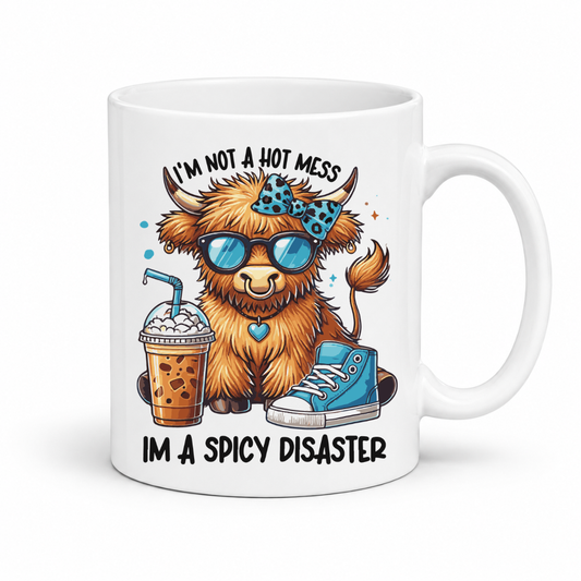 A white ceramic mug featuring a cartoon illustration of a fluffy Highland cow wearing blue sunglasses and a blue leopard-print headband, with a iced coffee cup and blue sneakers. The text reads 'I'M NOT A HOT MESS I'M A SPICY DISASTER'. from Coffee and Moo NZ.