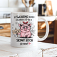 A white ceramic coffee mug with a humorous cartoon graphic of a pink pig wearing glasses and a red bandana, holding a sign that says 'FUCK'. The text above and below reads 'IF SWEARING BURNED CALORIES I'D BE A SKINNY BITCH BY NOW!'. from Coffee and Moo.