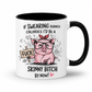 A white ceramic coffee mug with a black interior and black handle, featuring a cartoon pink pig wearing glasses and a red bow headband, holding a sign that says 'FUCK', with the text 'IF SWEARING BURNED CALORIES I'D BE A SKINNY BITCH BY NOW!' on a white background. from Coffee and Moo.