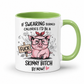 A white ceramic coffee mug with a light green interior and handle, featuring a cartoon pink pig wearing glasses and a red bow headband, holding a sign that says 'FUCK', with the text 'IF SWEARING BURNED CALORIES I'D BE A SKINNY BITCH BY NOW!' on a white background. from Coffee and Moo.