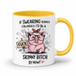 A white ceramic coffee mug with a yellow interior and yellow handle, featuring a cartoon pink pig wearing glasses and a red bandana, holding a sign that reads 'FUCK', with text above and below saying 'IF SWEARING BURNED CALORIES I'D BE A SKINNY BITCH BY NOW!' on a white background. from Coffee and Moo.