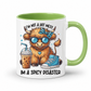 A white ceramic mug with a light green handle and interior, featuring a cartoon illustration of a fluffy brown animal wearing blue sunglasses and a blue patterned bow tie, with the text 'I'M NOT A HOT MESS IM A SPICY DISASTER'. from Coffee and Moo NZ.