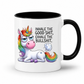 A white ceramic coffee mug with a black handle and black interior, featuring a cartoon rainbow unicorn and the text 'INHALE THE GOOD SHIT, EXHALE THE BULLSHIT.' on a white background. Purchase from Coffee and Moo NZ.