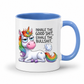 A white ceramic mug with a blue interior and handle, featuring a cartoon rainbow unicorn and the text 'INHALE THE GOOD SHIT, EXHALE THE BULLSHIT.' on a clean white background. Purchase from Coffee and Moo NZ.