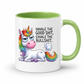 A white ceramic mug with a light green interior and handle, featuring a cartoon rainbow unicorn and the text 'INHALE THE GOOD SHIT, EXHALE THE BULLSHIT.' on the front. Purchase from Coffee and Moo NZ.