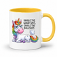 A white ceramic mug with a yellow interior and yellow handle, featuring a cartoon rainbow unicorn and the text 'INHALE THE GOOD SHIT, EXHALE THE BULLSHIT.' on a white background. Purchase from Coffee and Moo NZ.