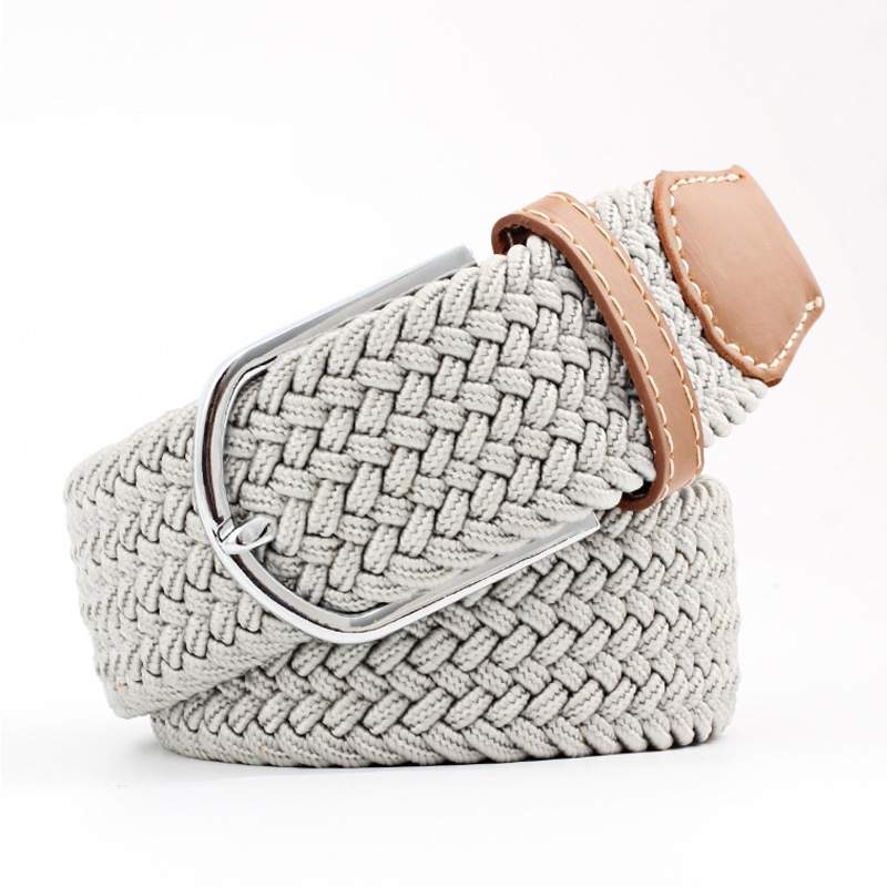 light grey woven belt with a brown faux leather trim and silver buckle on a white background. Purchase from Coffee and Moo