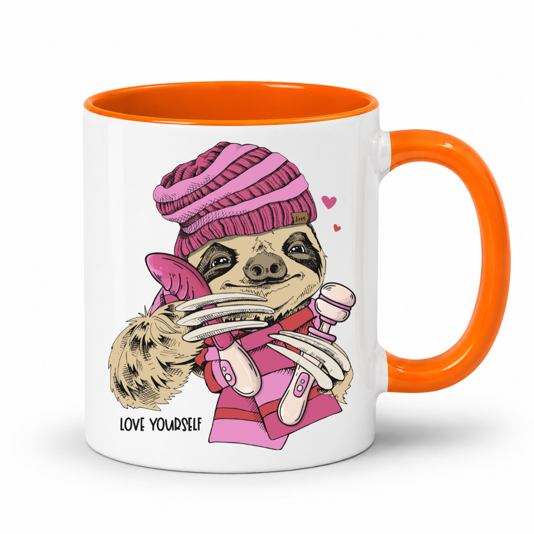 A white mug with orange inner and handle featuring  an image of a Naughty Sloth with a pink scarf holding two vibrators, with hearts and Love Yourself lettering, from Coffee and Moo.