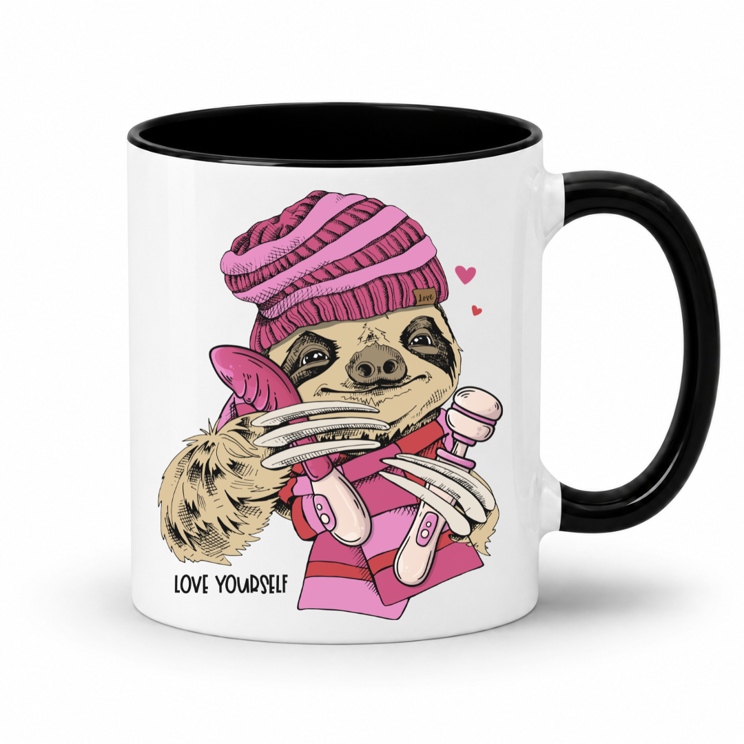 A white mug with black inner and handle featuring  an image of a Naughty Sloth with a pink scarf holding two vibrators, with hearts and Love Yourself lettering, from Coffee and Moo.