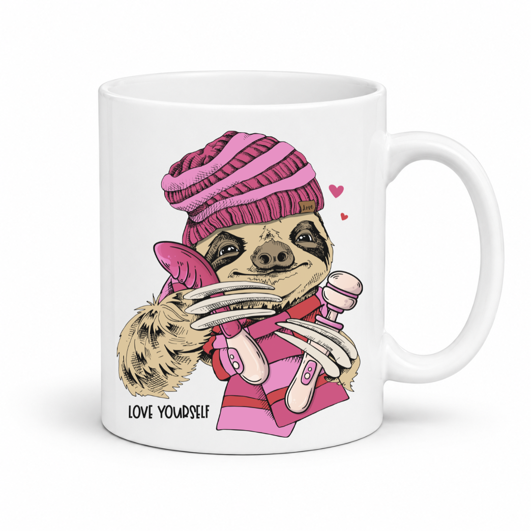 Love Yourself Naughty Sloth funny coffee mug showing a sloth in pink holding two vibrators, with hearts and Love Yourself lettering, from Coffee and Moo.