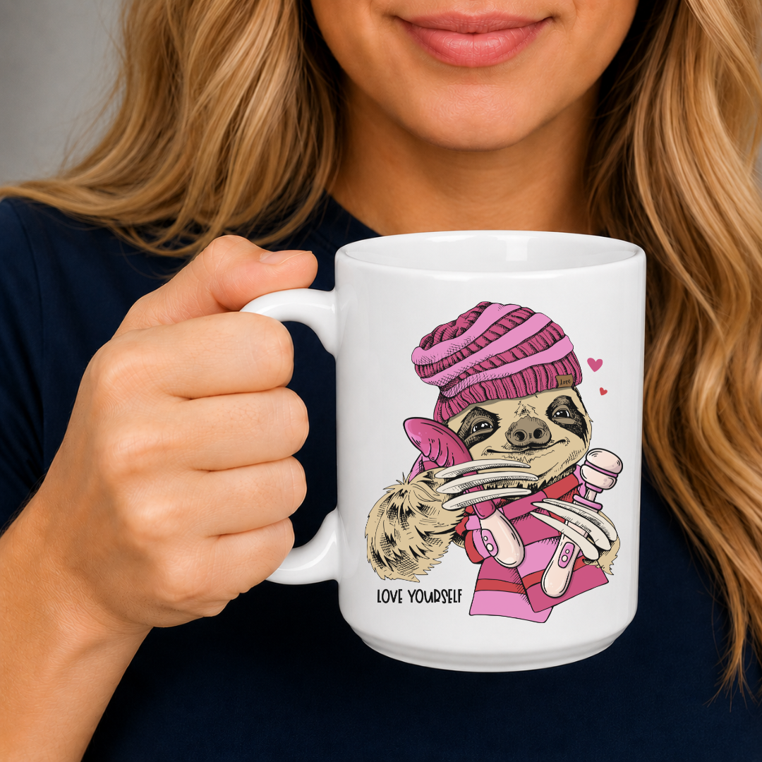 Female holding Love Yourself Naughty Sloth coffee mug, highlighting the cheeky sloth with vibrators and Love Yourself message, from Coffee and Moo.