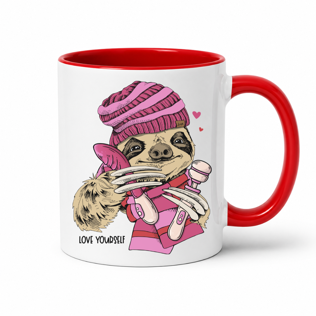 A white mug with red inner and handle featuring  an image of a Naughty Sloth with a pink scarf holding two vibrators, with hearts and Love Yourself lettering, from Coffee and Moo.