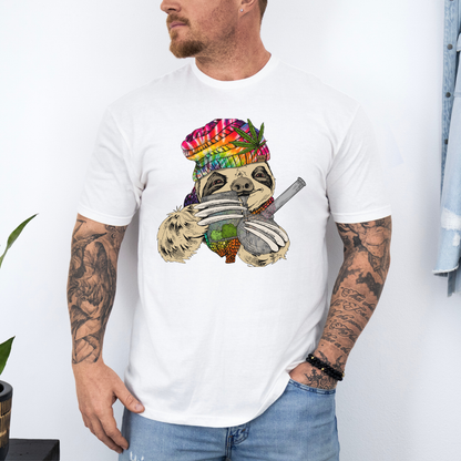 A man wearing a white unhinged adult graphic tee features our resident zen master—a delightfully baked sloth rocking a vibrant, colourful tie-dye beanie topped with a cannabis leaf, proudly clutching a bong and a jar of premium green buds. Grab your sloth stoner tee from Coffee and Moo NZ.