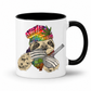A white ceramic coffee mug with a black handle and black interior, featuring a colorful graphic of a sloth wearing a rainbow-striped beanie with a marijuana leaf and holding a bong & Baggy. Grab your mug from Coffee and Moo NZ.