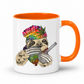 A white ceramic coffee mug with a orange handle and orange interior, featuring a colorful graphic of a sloth wearing a rainbow-striped beanie with a marijuana leaf and holding a bong & Baggy. Grab your mug from Coffee and Moo NZ.